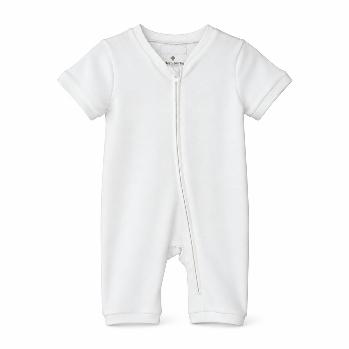 Modern Burlap organic short sleeve zip romper in White, front studio product view