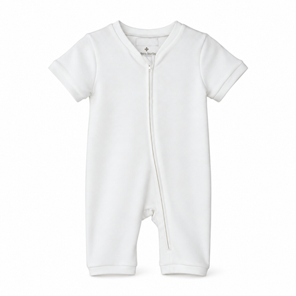 Modern Burlap organic short sleeve zip romper in White, front studio product view