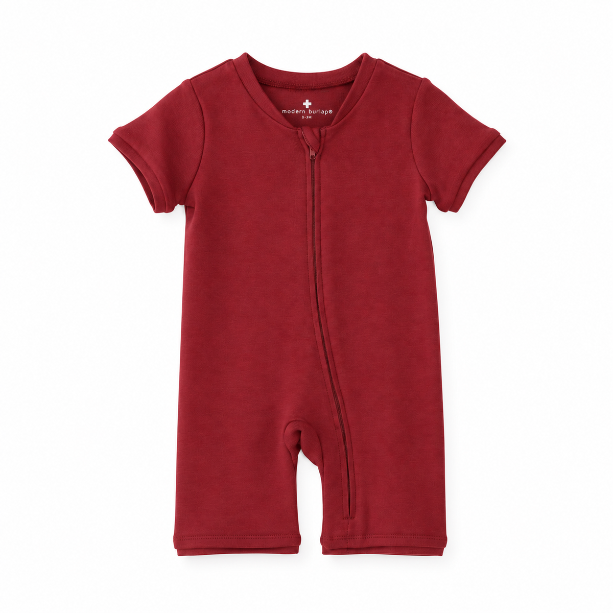 Modern Burlap organic short sleeve zip romper in Maroon, front studio product view