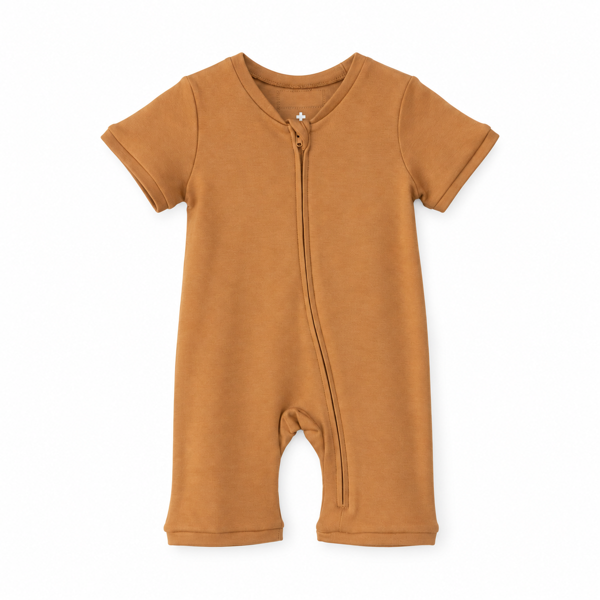 Modern Burlap organic short sleeve zip romper in Ginger, front studio product view