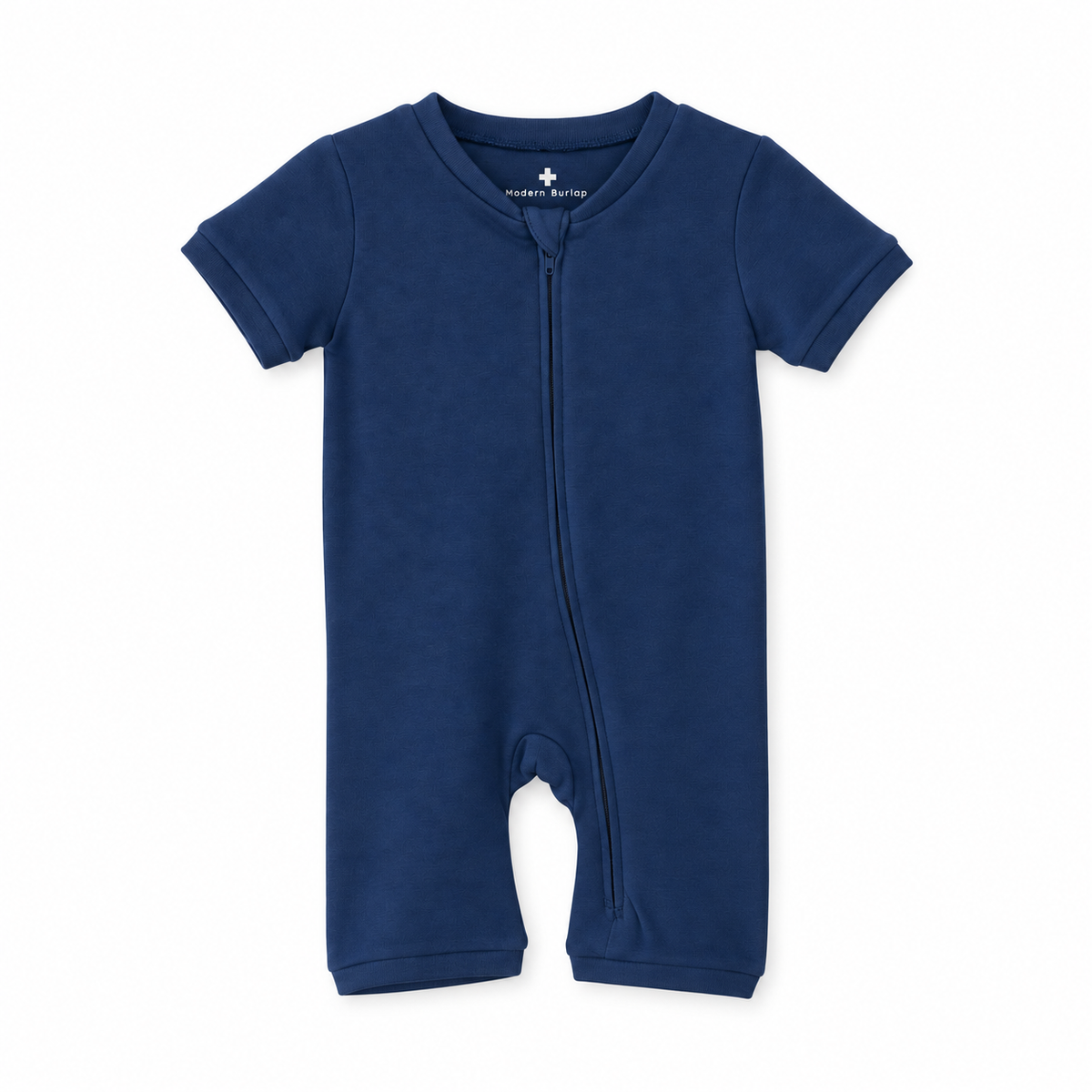 Modern Burlap organic short sleeve zip romper in Navy Peony, front studio product view