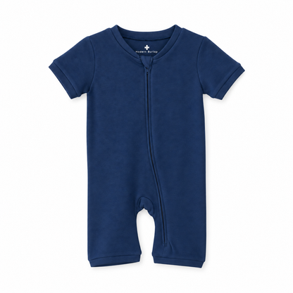 Modern Burlap organic short sleeve zip romper in Navy Peony, front studio product view
