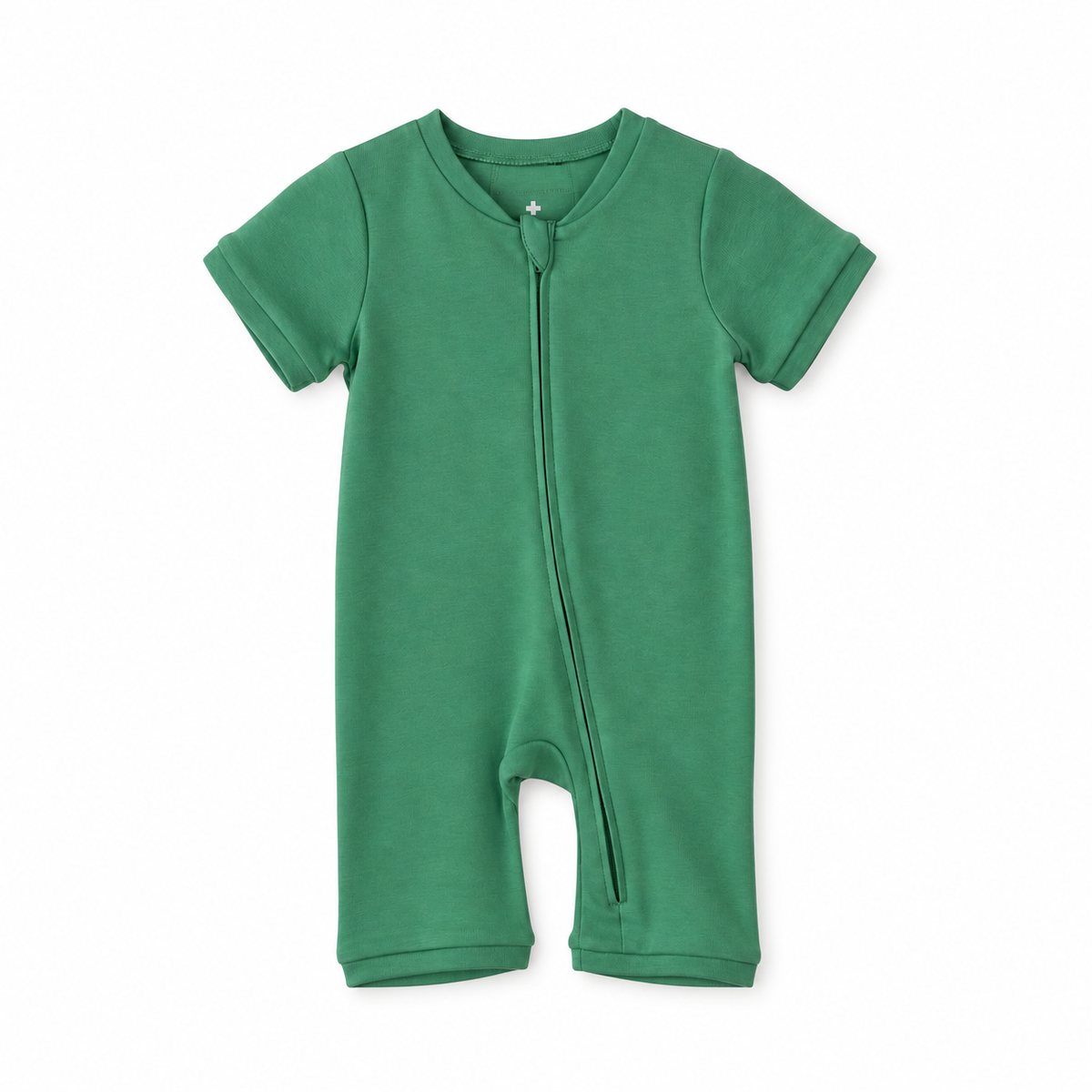 Modern Burlap organic short sleeve zip romper in Pine Green, front studio product view