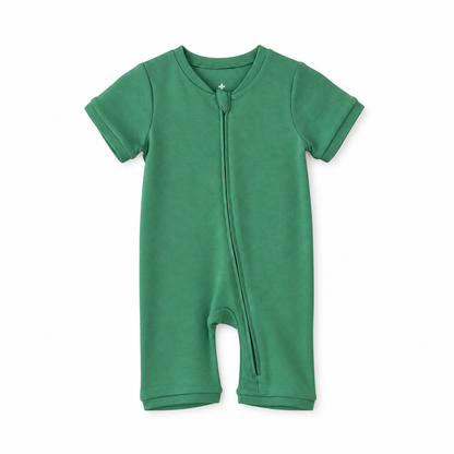 Modern Burlap organic short sleeve zip romper in Pine Green, front studio product view