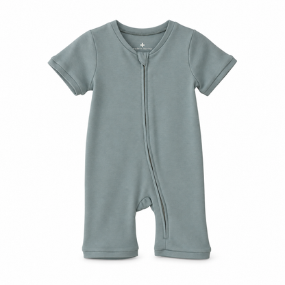 Modern Burlap organic short sleeve zip romper in Tradewinds, front studio product view