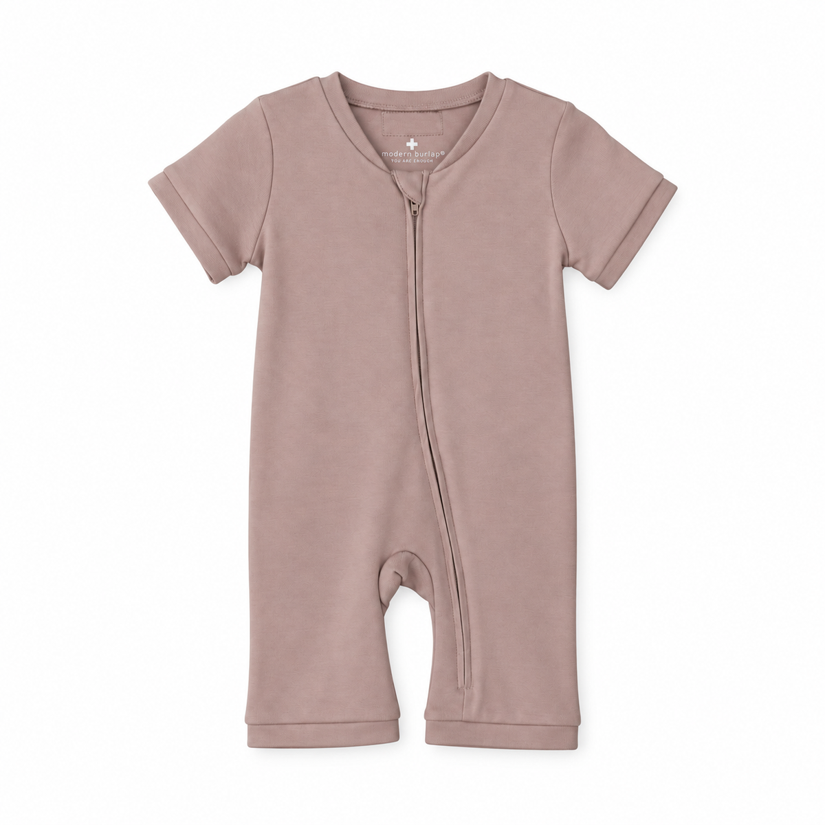 Modern Burlap organic short sleeve zip romper in Mauve, front studio product view