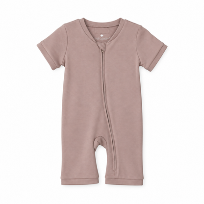 Modern Burlap organic short sleeve zip romper in Mauve, front studio product view