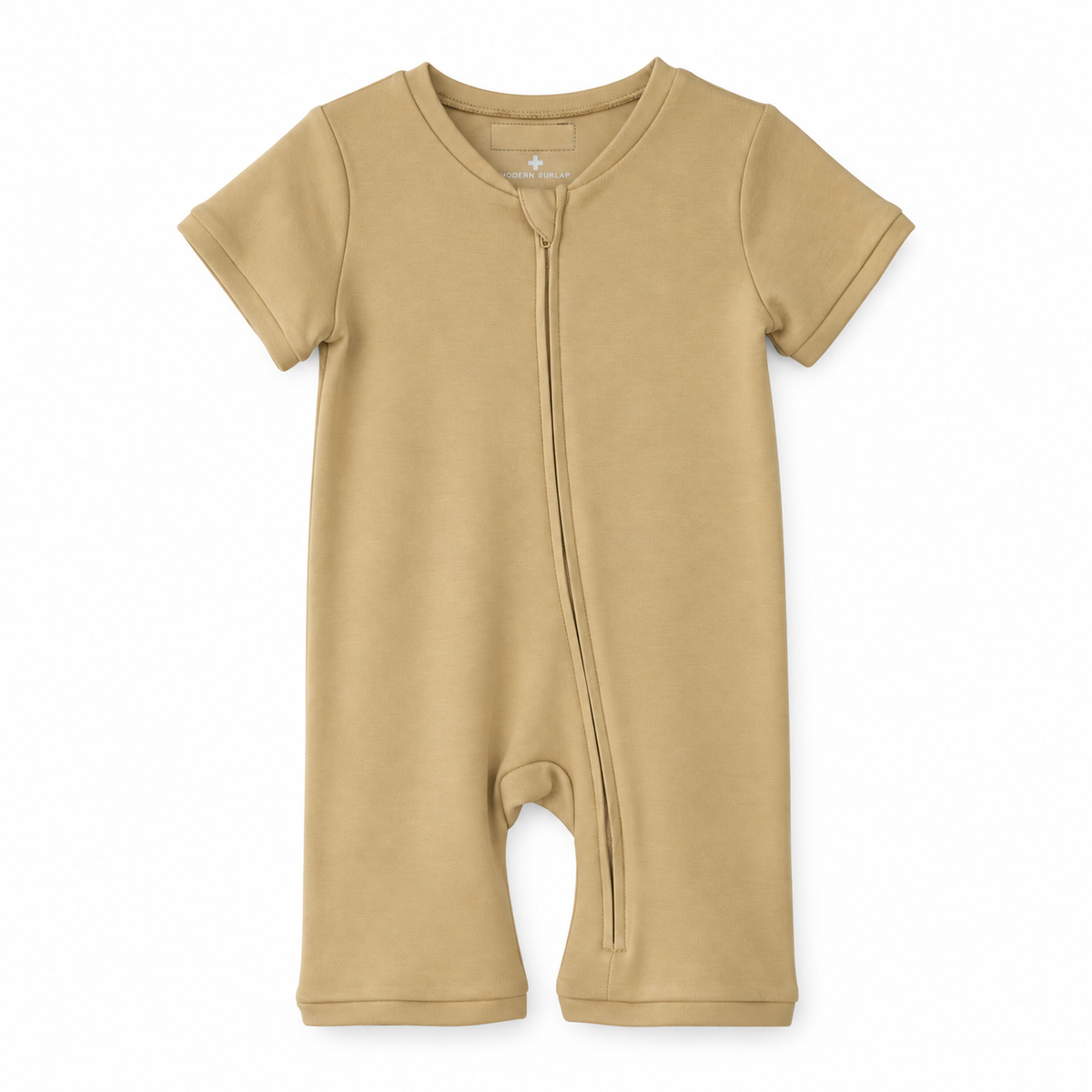 Modern Burlap organic short sleeve zip romper in Hazelnut, front studio product view