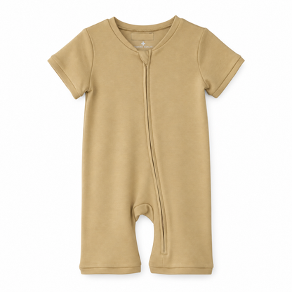 Modern Burlap organic short sleeve zip romper in Hazelnut, front studio product view