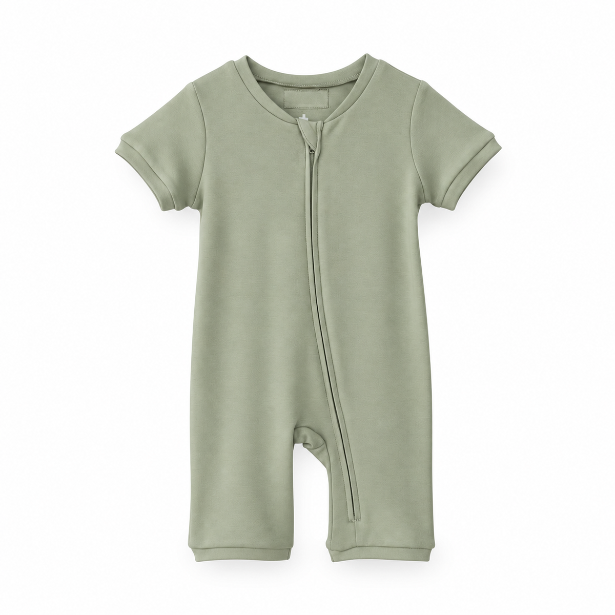 Modern Burlap organic short sleeve zip romper in Silver, front studio product view