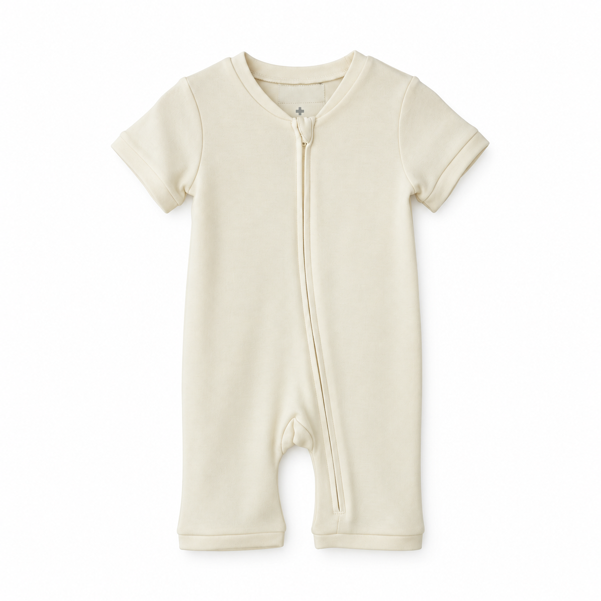 Modern Burlap organic short sleeve zip romper in Eggnog, front studio product view
