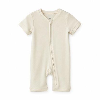 Modern Burlap organic short sleeve zip romper in Eggnog, front studio product view