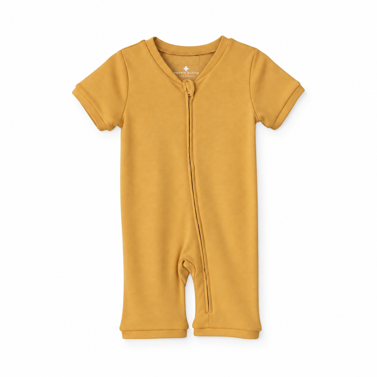 Modern Burlap organic short sleeve zip romper in Honey, front studio product view