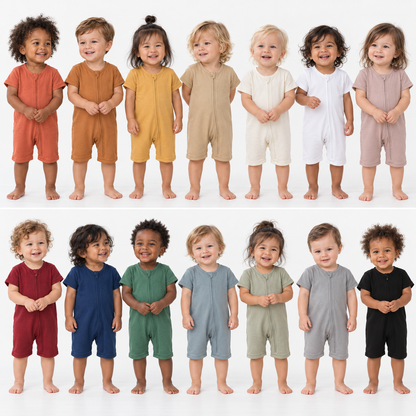 Fourteen standing toddlers show all short-sleeve zip romper colorways in two rows: Aragon, Ginger, Honey, Hazelnut, Eggnog, White, Mauve, Maroon, Navy Peony, Pine Green, Tradewinds, Silver, Neutral Gray and Black.