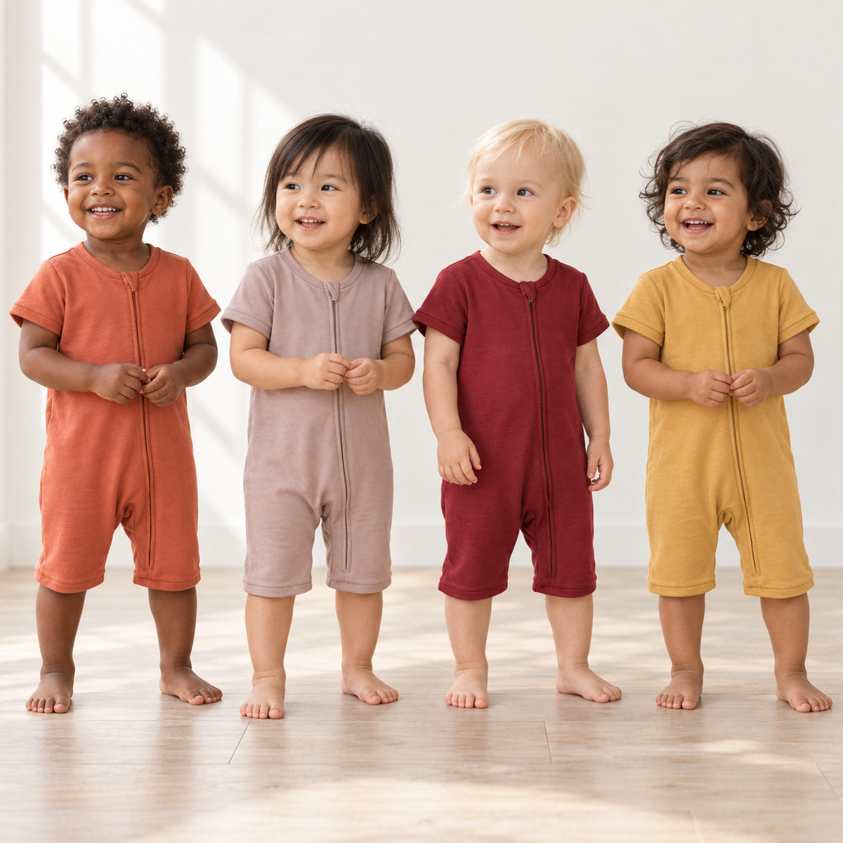 Four toddlers wearing Aragon, Mauve, Maroon and Honey organic short-sleeve zip rompers.