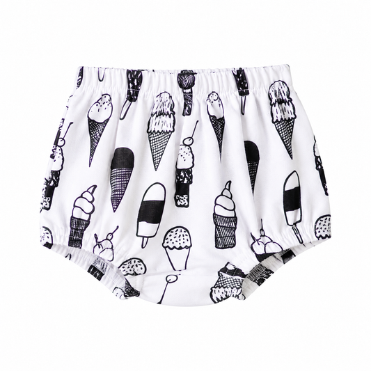 Modern Burlap organic baby bloomers in B+W Ice Cream Love, front studio view on white