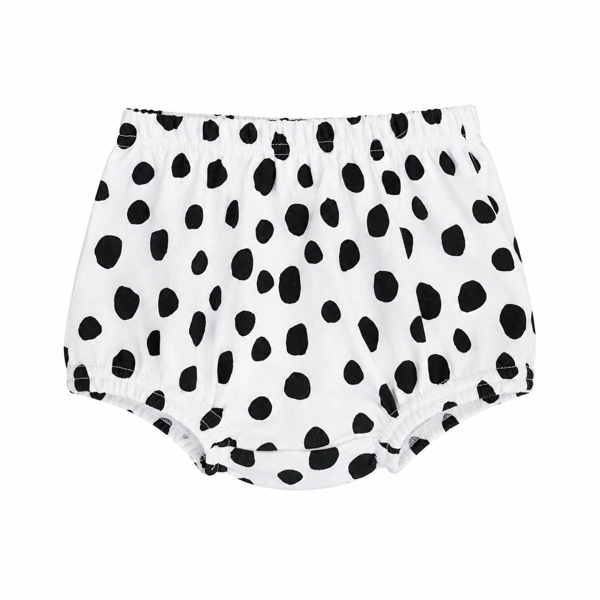 Modern Burlap organic baby bloomers in B+W Spots ©, front studio view on white