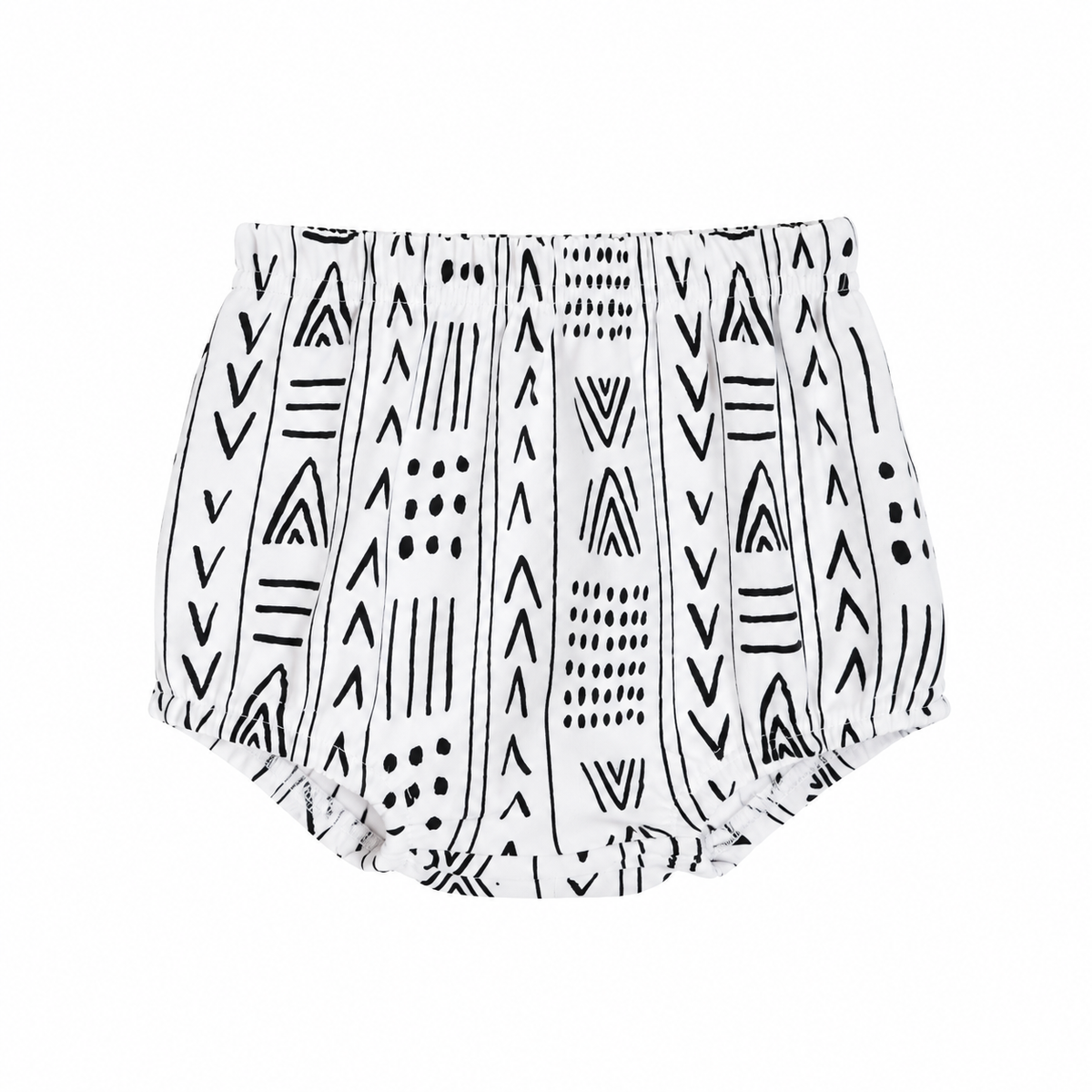 Modern Burlap organic baby bloomers in B+W Mud Cloth ©, front studio view on white