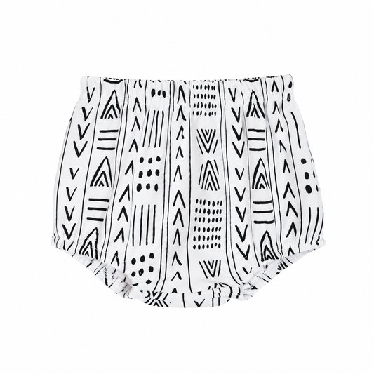 Modern Burlap organic baby bloomers in B+W Mud Cloth ©, front studio view on white