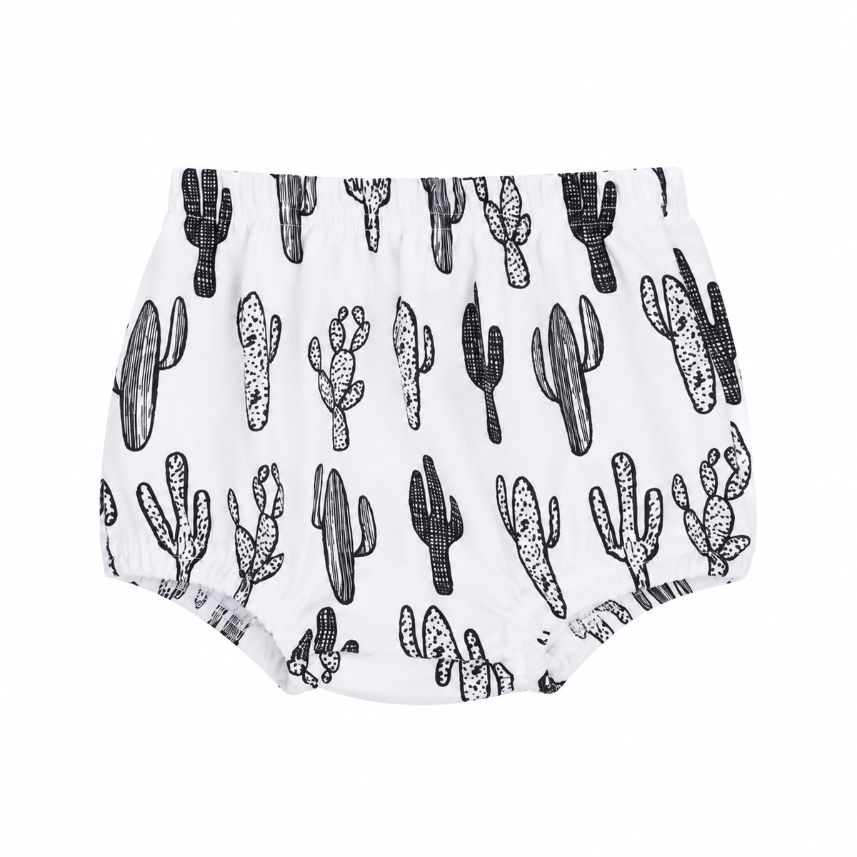 Modern Burlap organic baby bloomers in B+W Cactus ©, front studio view on white
