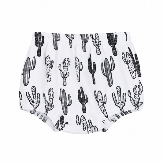 Modern Burlap organic baby bloomers in B+W Cactus ©, front studio view on white