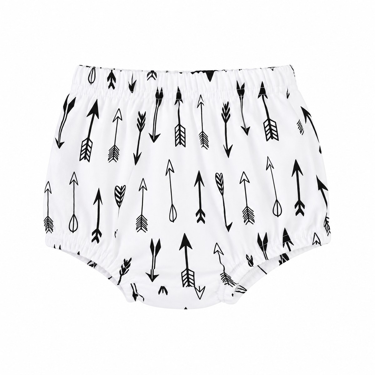 Modern Burlap organic baby bloomers in B+W Arrows ©, front studio view on white