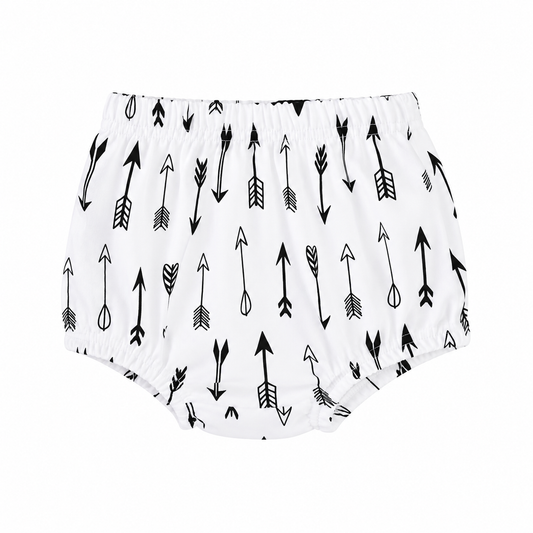 Modern Burlap organic baby bloomers in B+W Arrows ©, front studio view on white