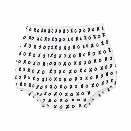Modern Burlap organic baby bloomers in B+W XO, front studio view on white