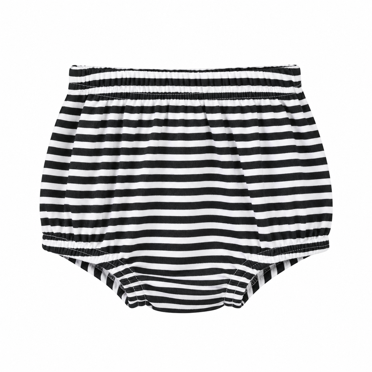 Modern Burlap organic baby bloomers in B+W Stripes, front studio view on white