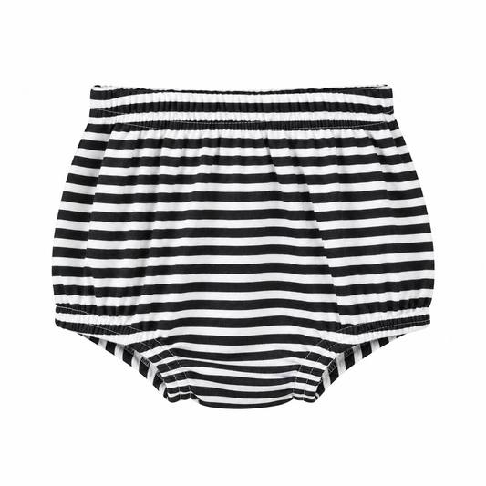 Modern Burlap organic baby bloomers in B+W Stripes, front studio view on white