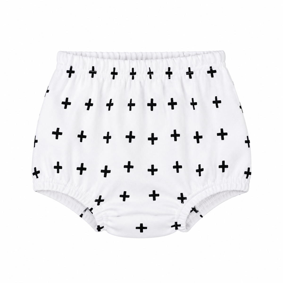 Modern Burlap organic baby bloomers in B+W Swiss Cross, front studio view on white