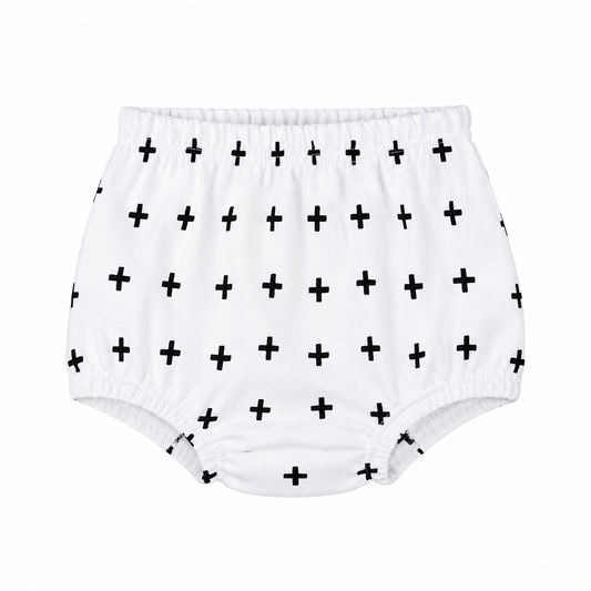 Modern Burlap organic baby bloomers in B+W Swiss Cross, front studio view on white