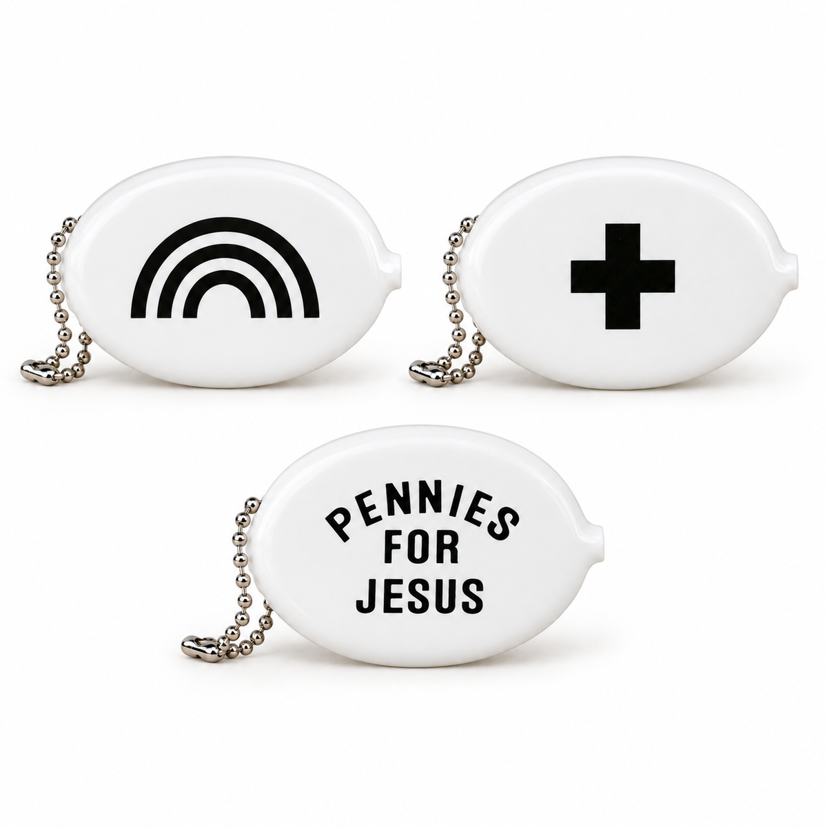 Rainbow, Swiss Cross and Pennies for Jesus coin pouch designs at matching scale; sold individually.