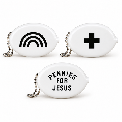 Rainbow, Swiss Cross and Pennies for Jesus coin pouch designs at matching scale; sold individually.