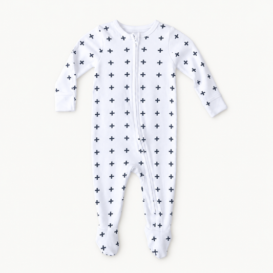 Swiss Cross print organic zip footie, full front view showing the zipper, long sleeves and covered feet.