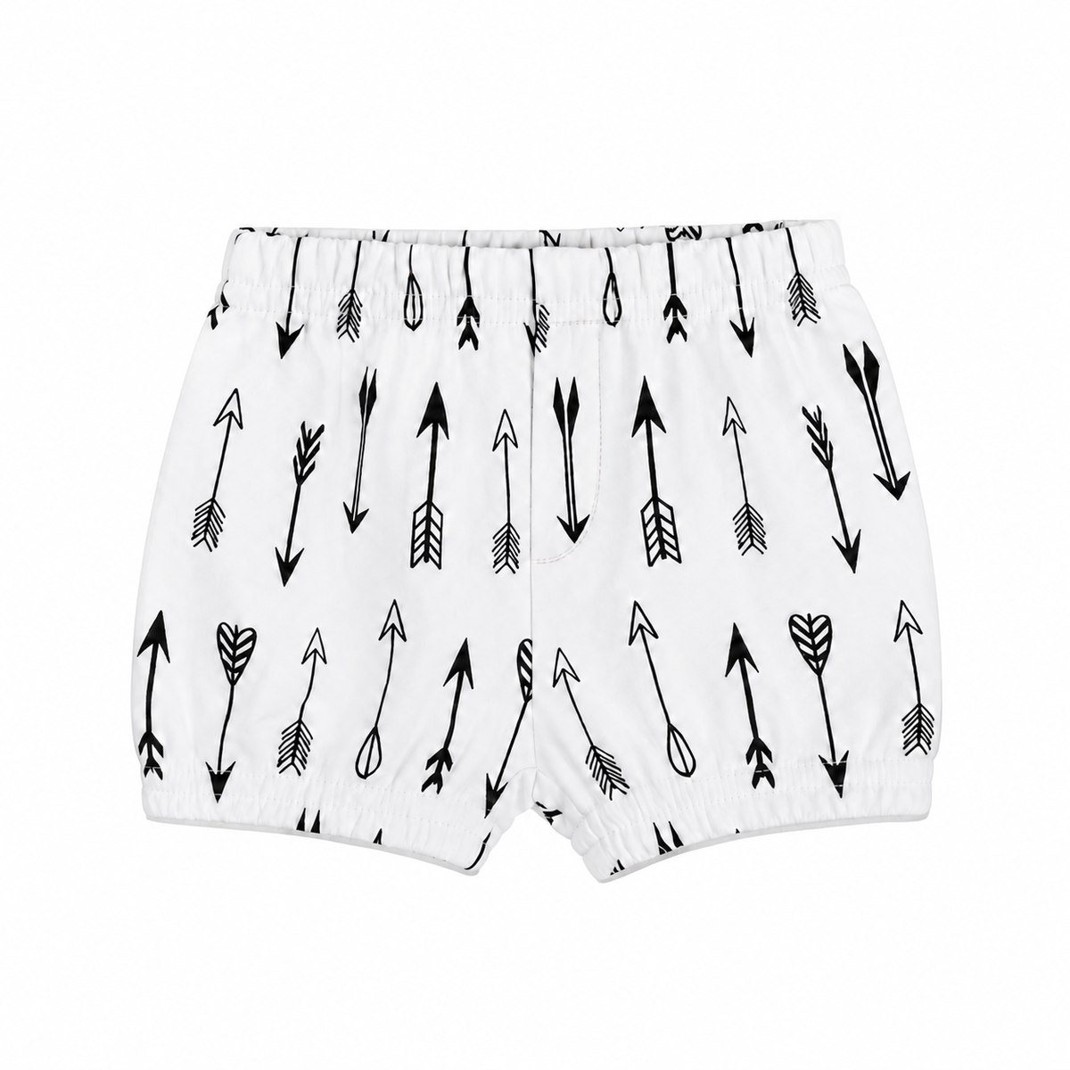 Modern Burlap B+W Arrows © organic shorts, front studio view with stitched faux fly and gathered hems.