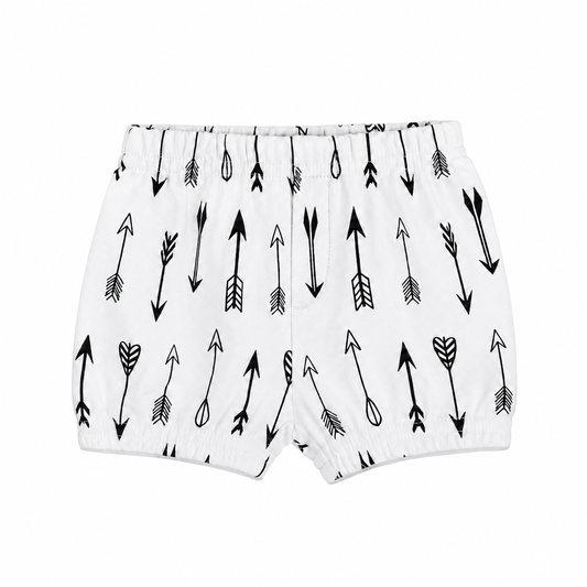 Modern Burlap B+W Arrows © organic shorts, front studio view with stitched faux fly and gathered hems.