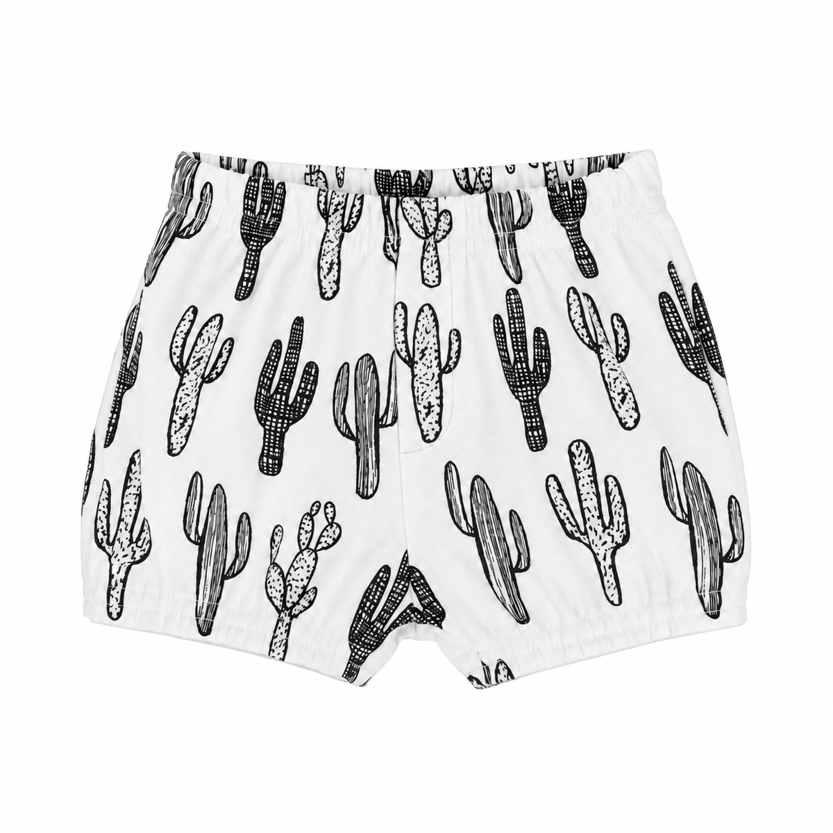 Modern Burlap B+W Cactus © organic shorts, front studio view with stitched faux fly and gathered hems.