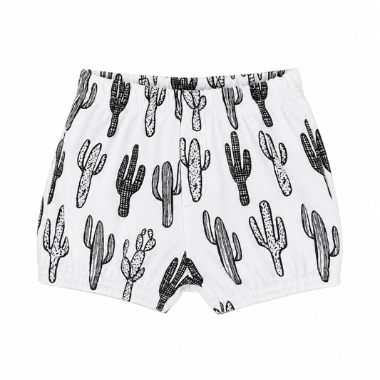 Modern Burlap B+W Cactus © organic shorts, front studio view with stitched faux fly and gathered hems.