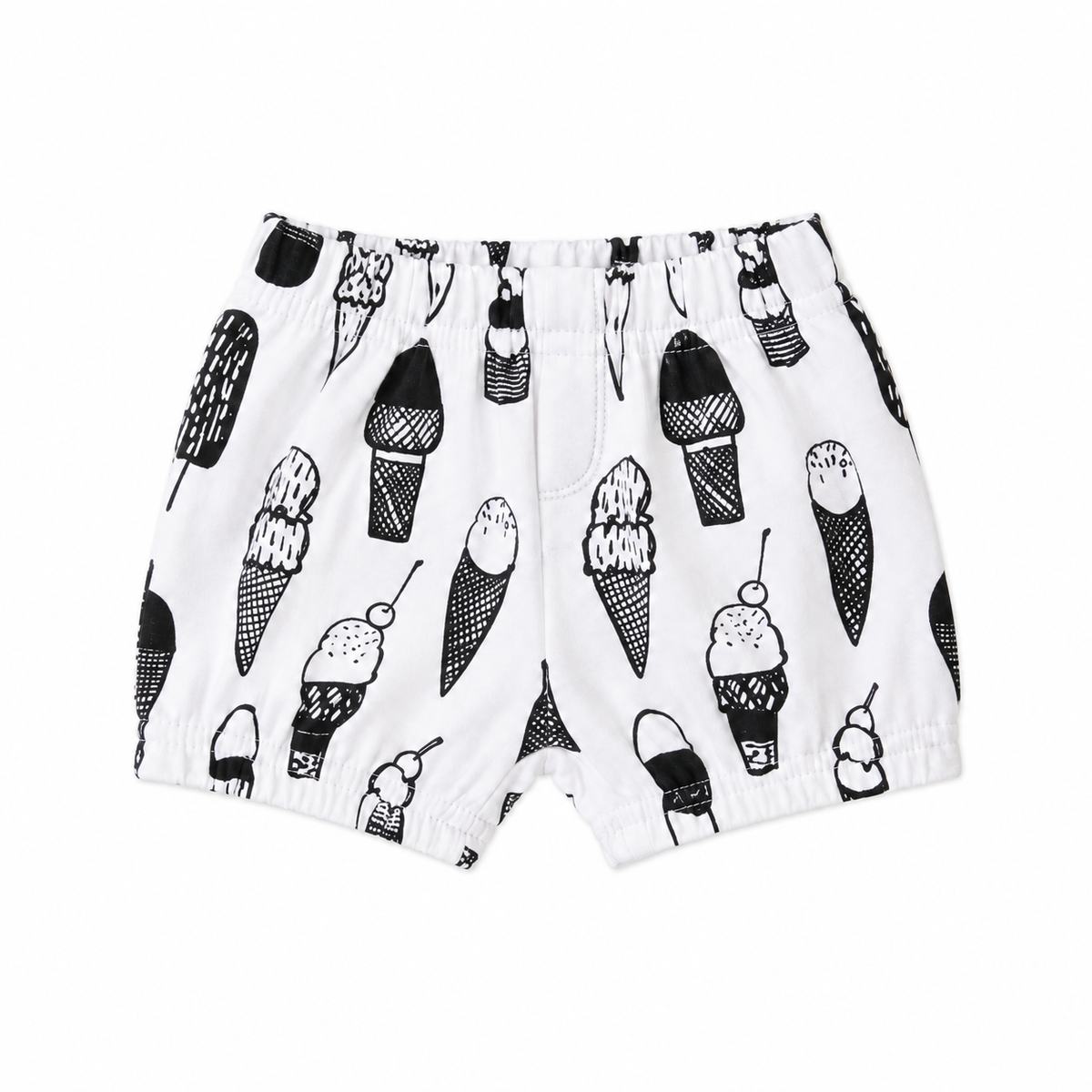 Modern Burlap B+W Ice Cream Love organic shorts, front studio view with stitched faux fly and gathered hems.