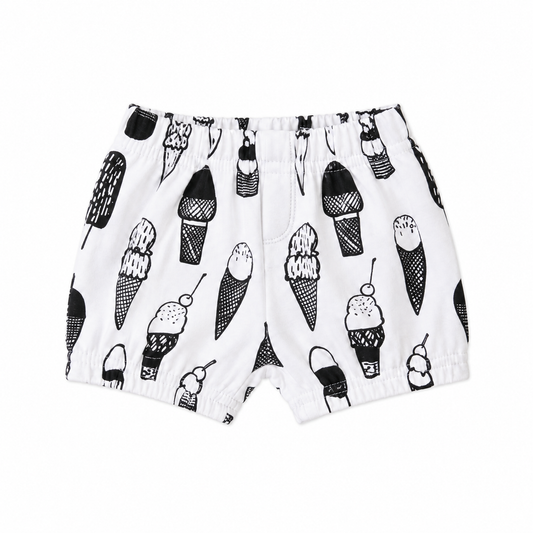 Modern Burlap B+W Ice Cream Love organic shorts, front studio view with stitched faux fly and gathered hems.