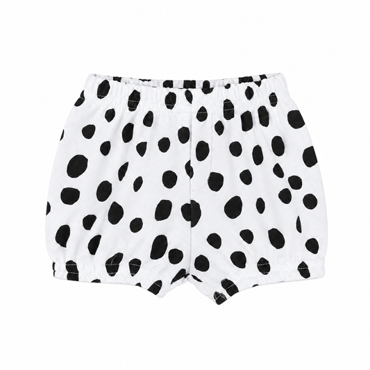 Modern Burlap B+W Spots © organic shorts, front studio view with stitched faux fly and gathered hems.