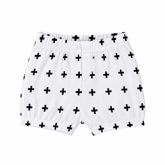 Modern Burlap B+W Swiss Cross organic shorts, front studio view with stitched faux fly and gathered hems.