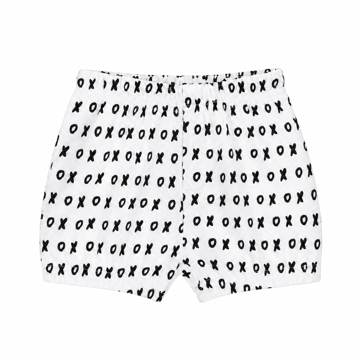 Modern Burlap B+W XO organic shorts, front studio view with stitched faux fly and gathered hems.