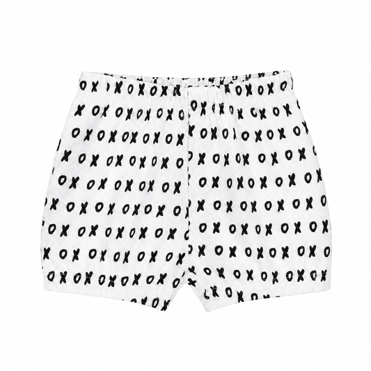 Modern Burlap B+W XO organic shorts, front studio view with stitched faux fly and gathered hems.