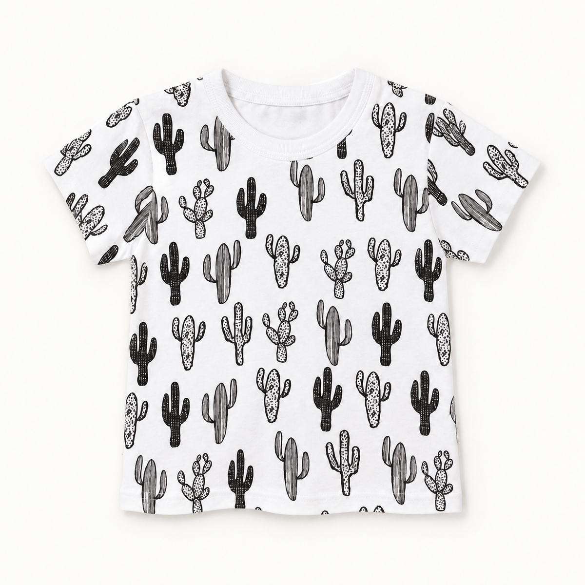 Modern Burlap Cactus print organic baby and kids tee, full front view on a warm-white background.