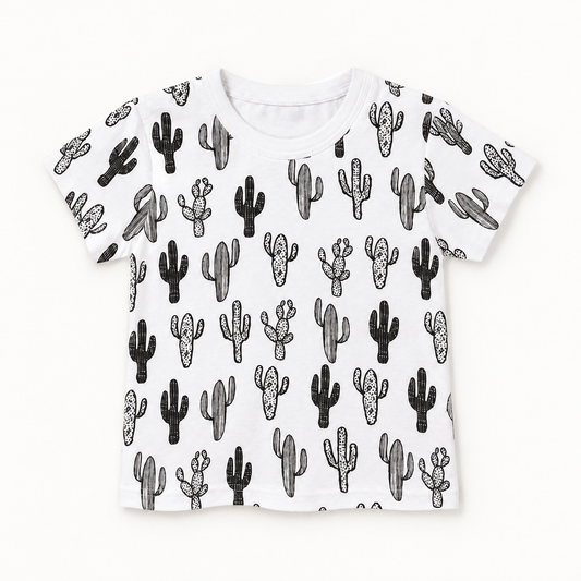 Modern Burlap Cactus print organic baby and kids tee, full front view on a warm-white background.