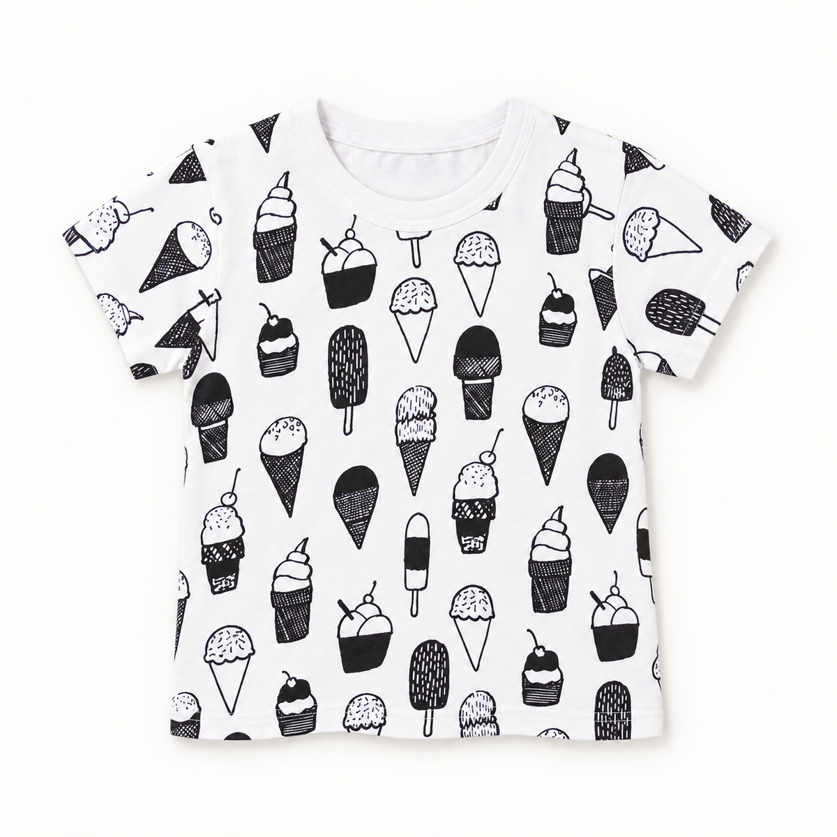 Modern Burlap Ice Cream Love print organic baby and kids tee, full front view on a warm-white background.