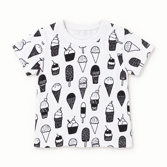 Modern Burlap Ice Cream Love print organic baby and kids tee, full front view on a warm-white background.