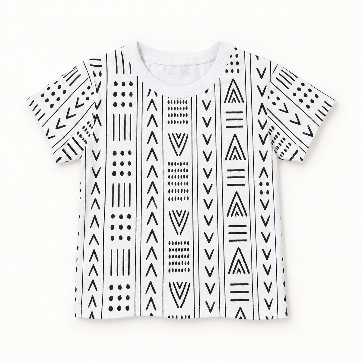 Modern Burlap Mud Cloth print organic baby and kids tee, full front view on a warm-white background.